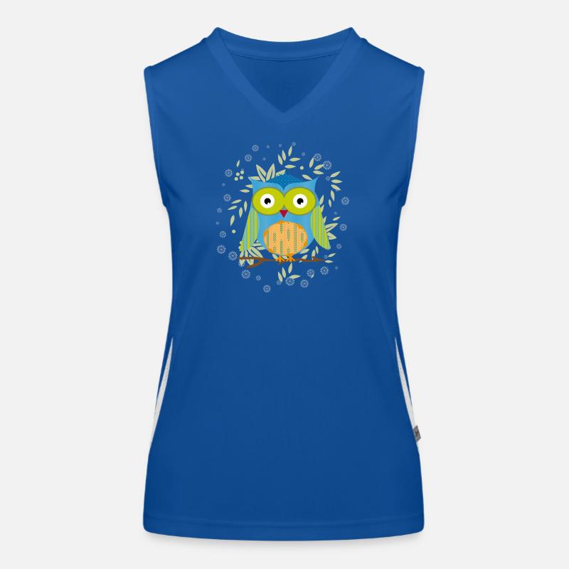 Hibou patchwork élégant sur une branche dans une mer de feuilles Débardeur respirant contrasté Femme