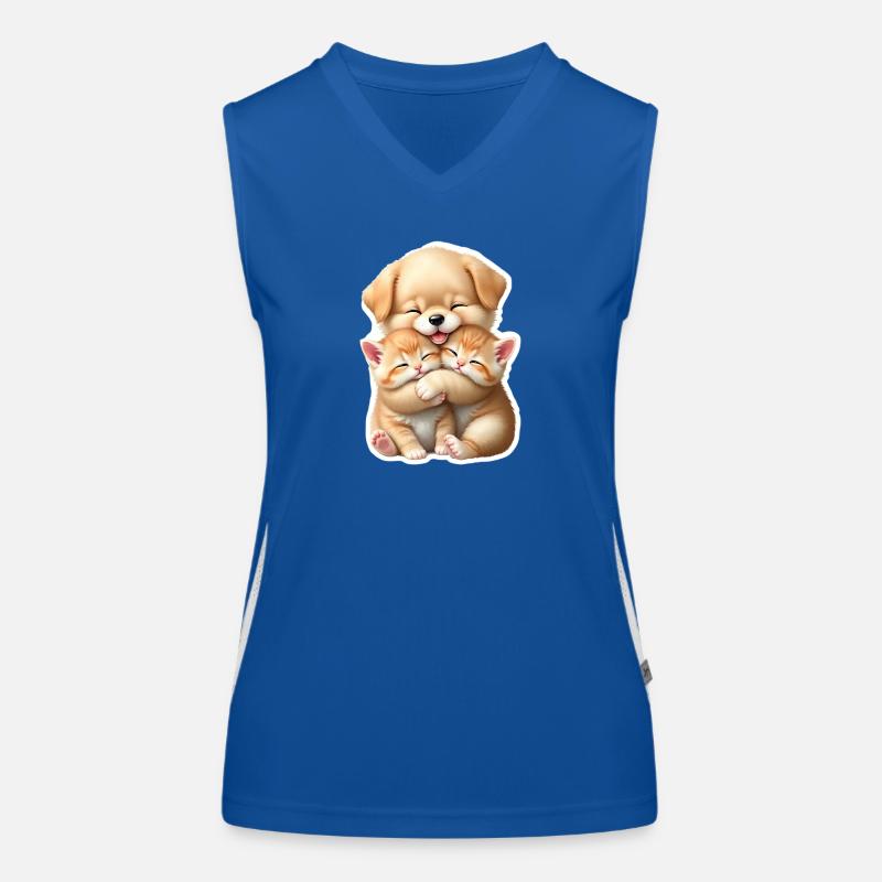 Kleiner Hund umarmt zwei Kätzchen Funktionelles Kontrast-Tank Top für Frauen