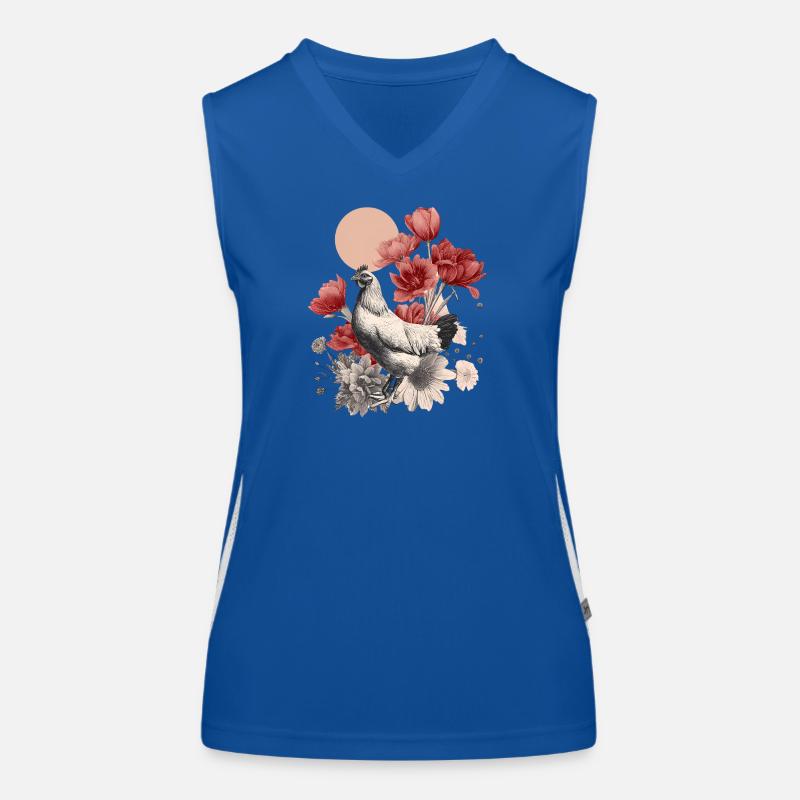 Vintage Huhn mit roten Blüten – Boho Illustration Funktionelles Kontrast-Tank Top für Frauen