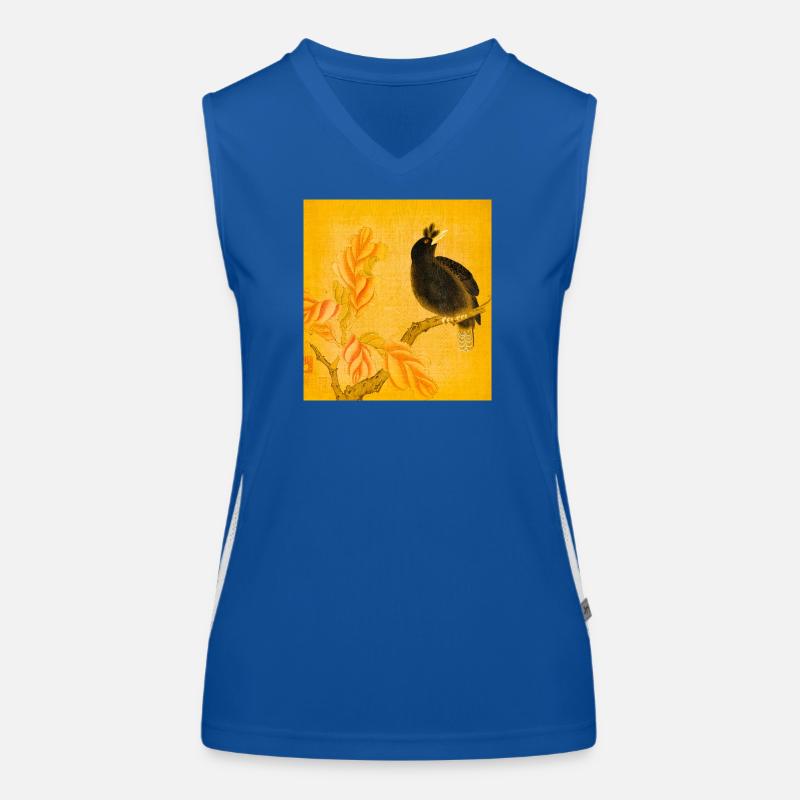 Schwarzer Singvogel auf gelben Blüten Funktionelles Kontrast-Tank Top für Frauen