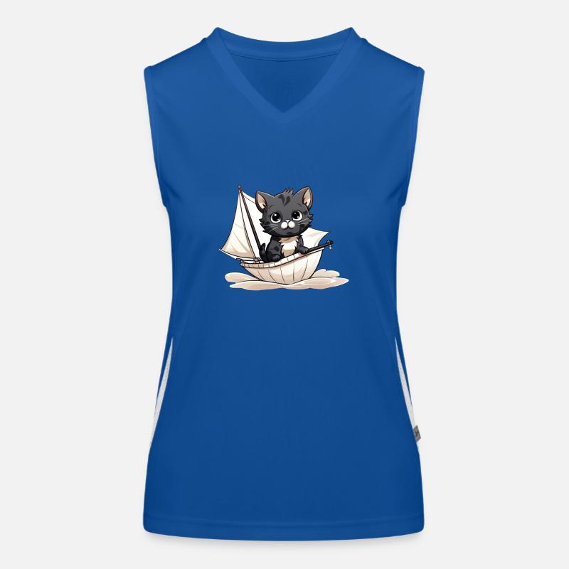 Cute cat on sailing dinghy Women's Functional Contrast Tank Top