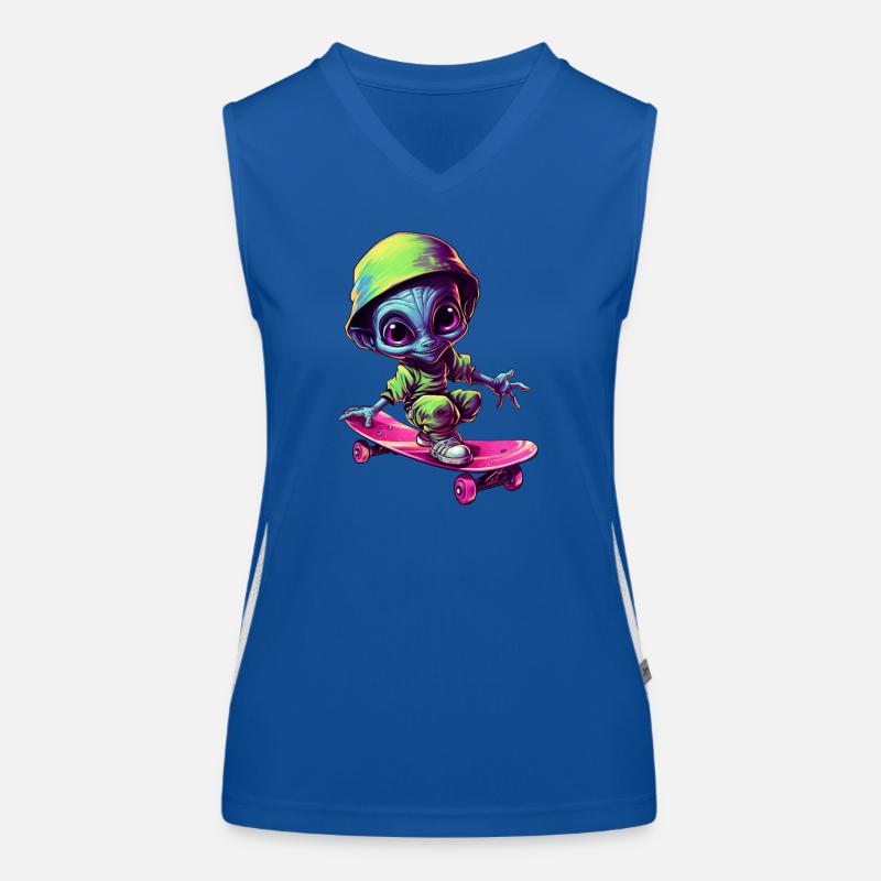 Blau-Pinker Alien Skateboarder: Kosmische Tricks Funktionelles Kontrast-Tank Top für Frauen