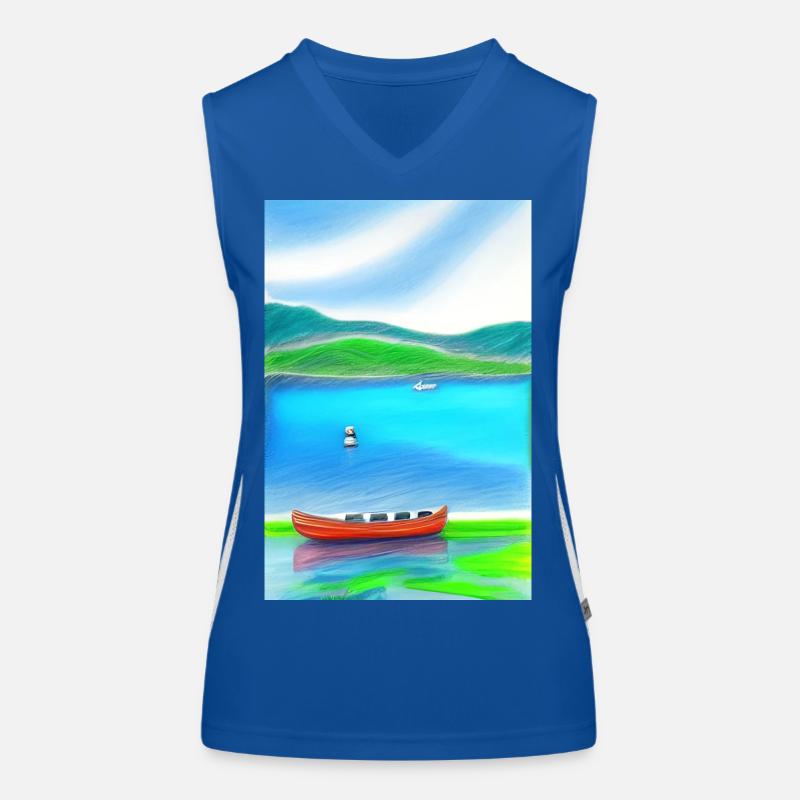 Landschaft mit See, Boot und Berge Funktionelles Kontrast-Tank Top für Frauen