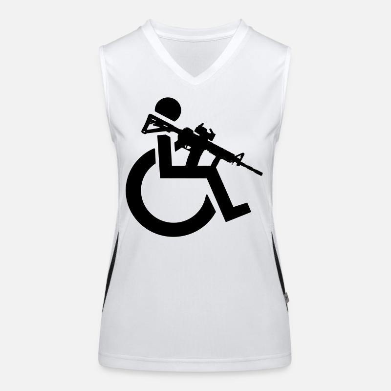 Bewaffneter Rollstuhlfahrer mit Gewehr, Waffe # Funktionelles Kontrast-Tank Top für Frauen