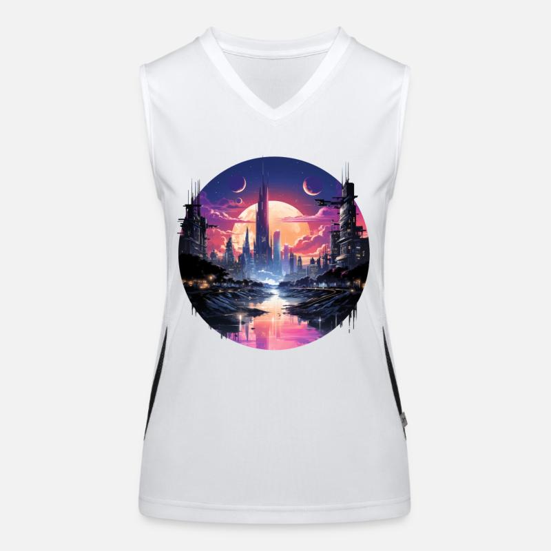 Futuristisches Cyberpunk Stadtbild, Synthwave Stil Funktionelles Kontrast-Tank Top für Frauen