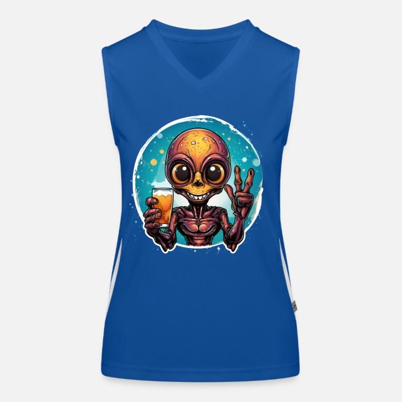 Alien trinkt ein Bier und freut sich dabei. Funktionelles Kontrast-Tank Top für Frauen