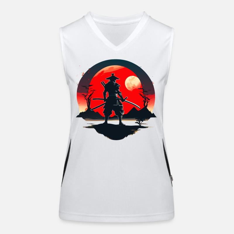 Samurai Silhouette with Red Moon Background Women's Functional Contrast Tank Top