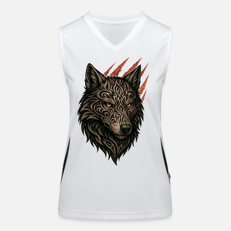 Portrait de loup tribal complexe Débardeur respirant contrasté Femme