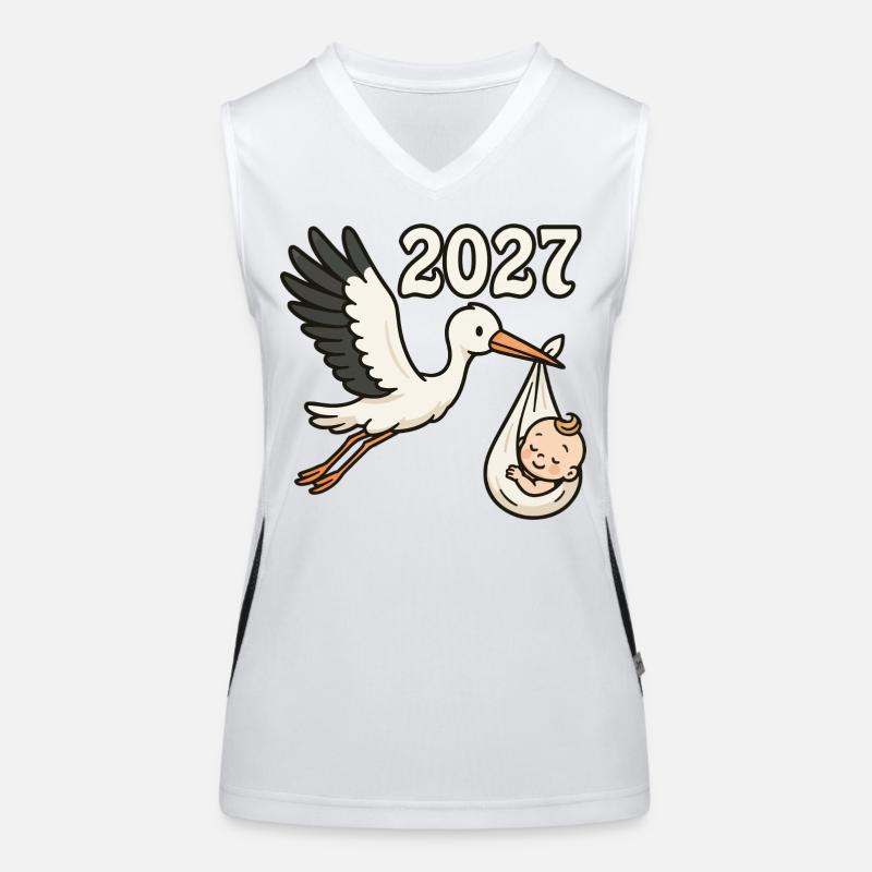 Storch mit Findelkind im Schnabel 2027 Funktionelles Kontrast-Tank Top für Frauen