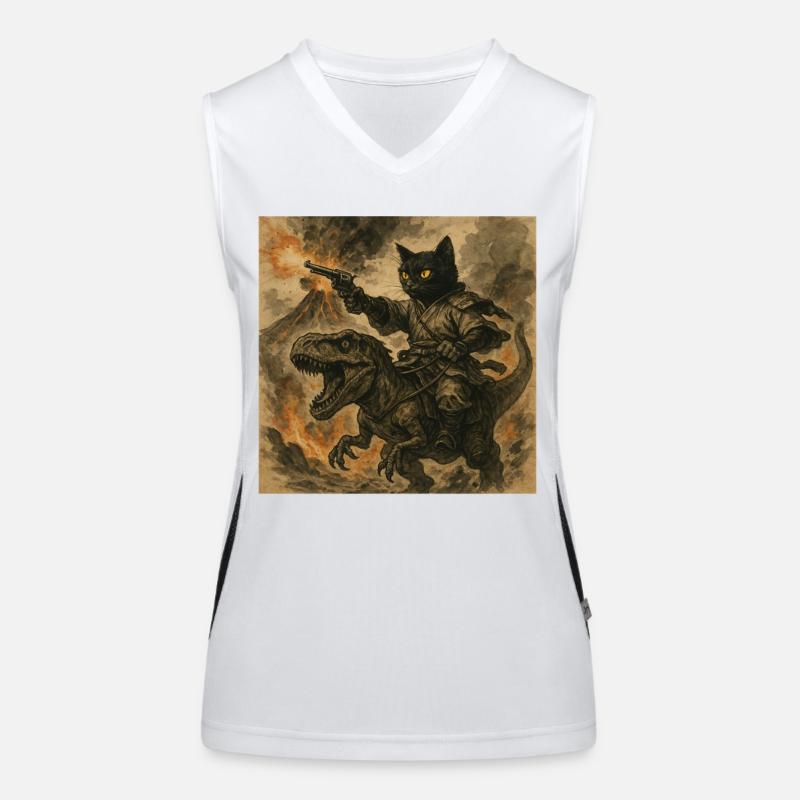 Samurai Cat Riding Dinosaur in Volcanic Eruption Women's Functional Contrast Tank Top
