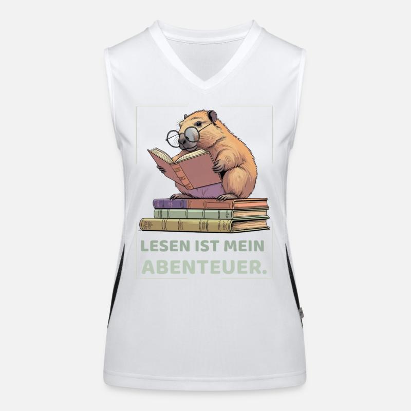 Capybara reading between stacks of books Women's Functional Contrast Tank Top