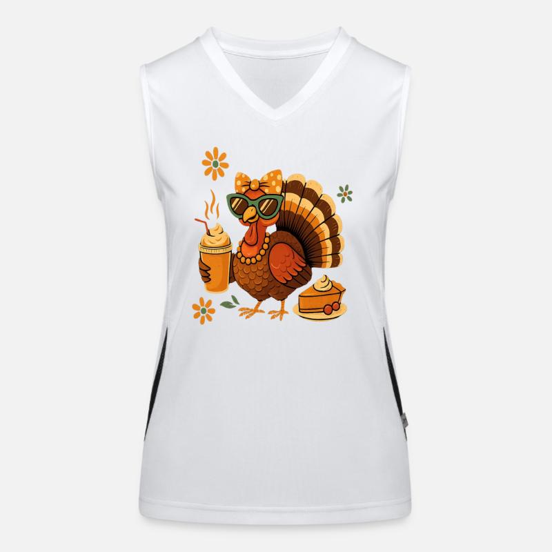 Turkey Drinking Coffee Bow Thanksgiving Day Idea Women's Functional Contrast Tank Top