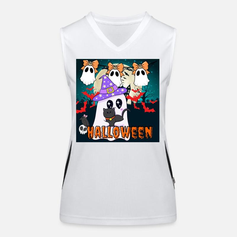 Fantôme sorcier mignon et chat noir Halloween Débardeur respirant contrasté Femme