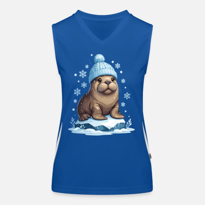 Winter-Seelöwe mit blauer Mütze Funktionelles Kontrast-Tank Top für Frauen