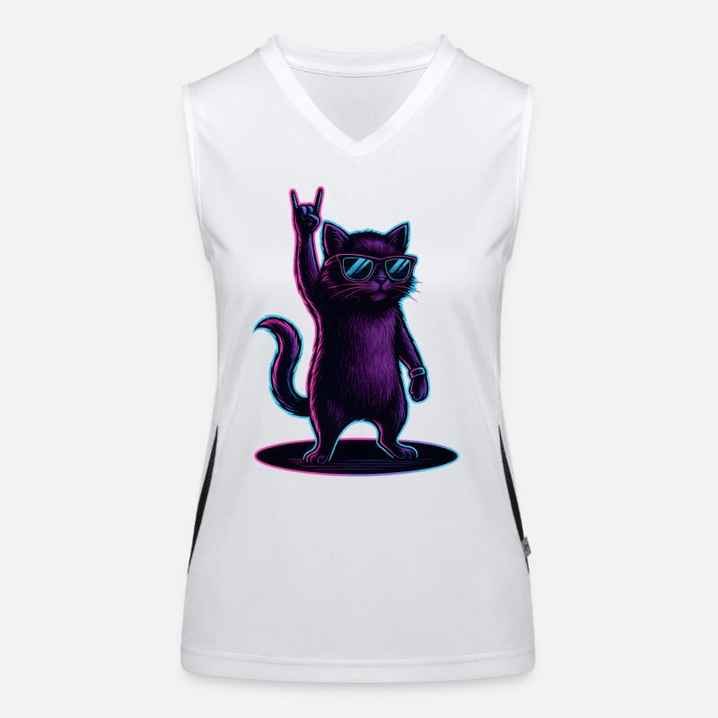 Synthwave Kater Katze mit Rockhand Pose Funktionelles Kontrast-Tank Top für Frauen