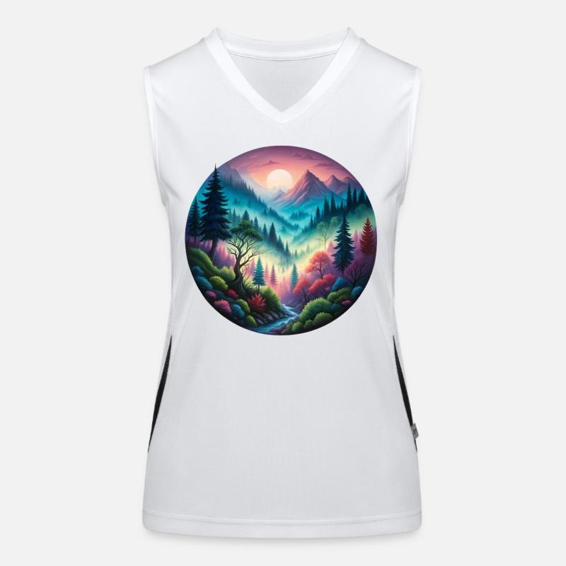 Colored forest landscape painted in evening light nature Women's Functional Contrast Tank Top