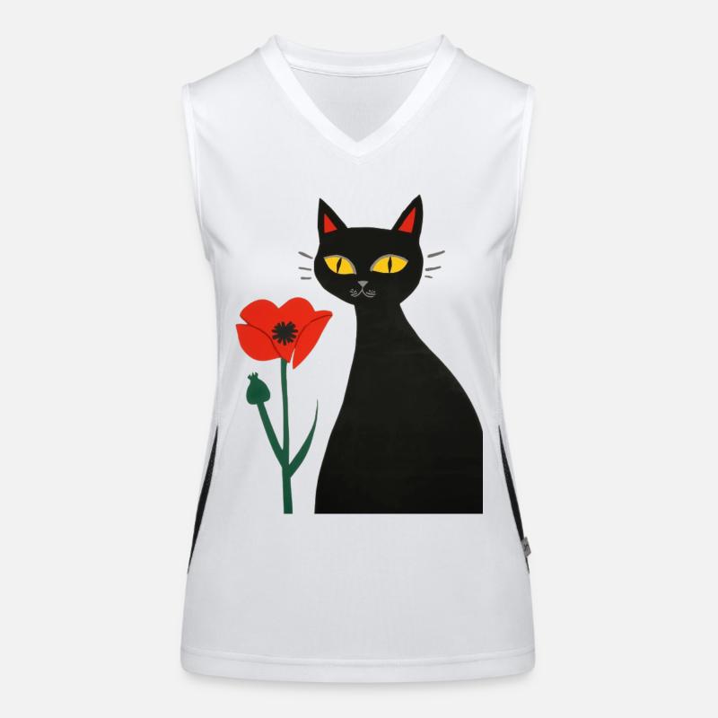 Schwarze Katze mit Mohnblumen Funktionelles Kontrast-Tank Top für Frauen