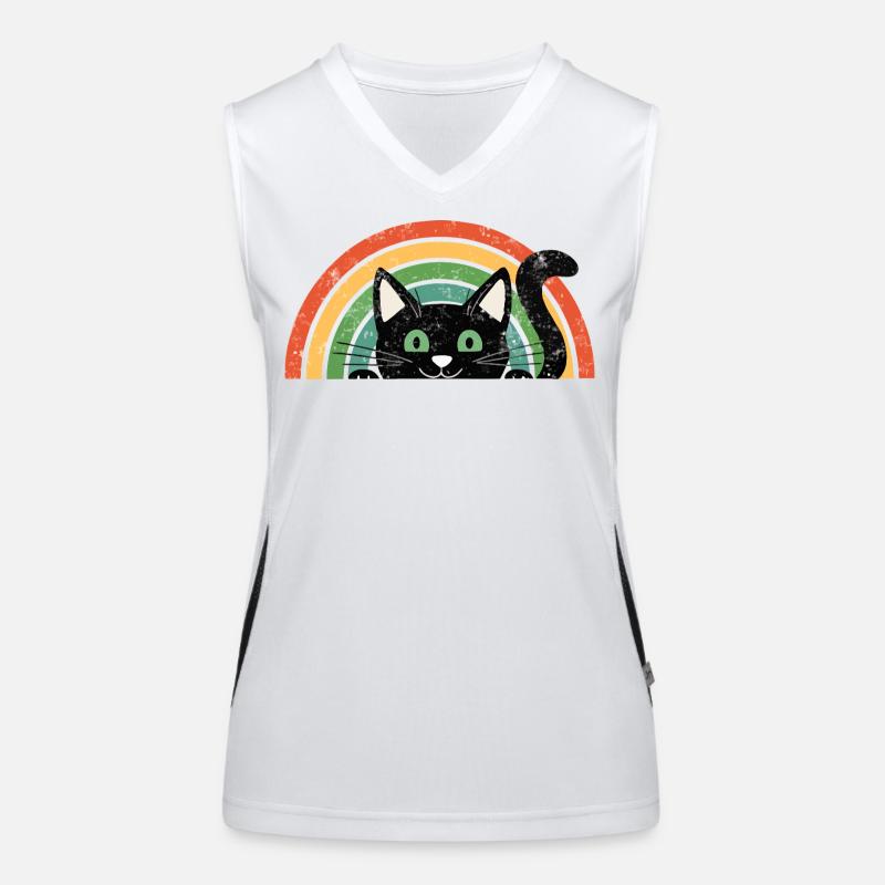 Schwarze Katze im Regenbogen Retro Rainbow Cats Funktionelles Kontrast-Tank Top für Frauen