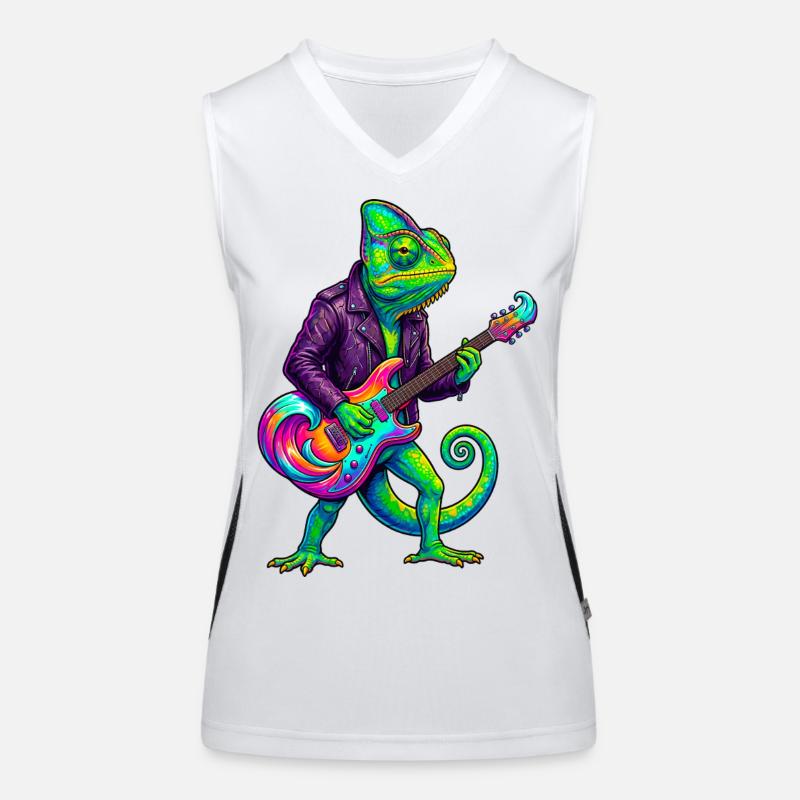 Chamäleon in Lederjacke und Neon E-Gitarre Funktionelles Kontrast-Tank Top für Frauen