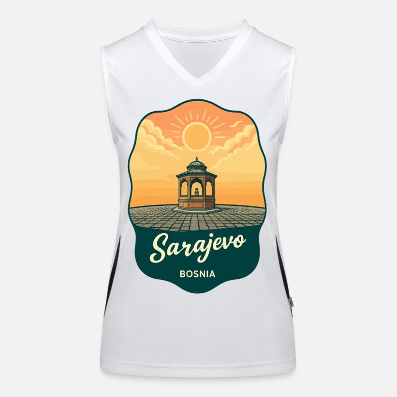 Sarajevo Sebilj Brunnen Retro Sonnenuntergangsabzeichen Funktionelles Kontrast-Tank Top für Frauen