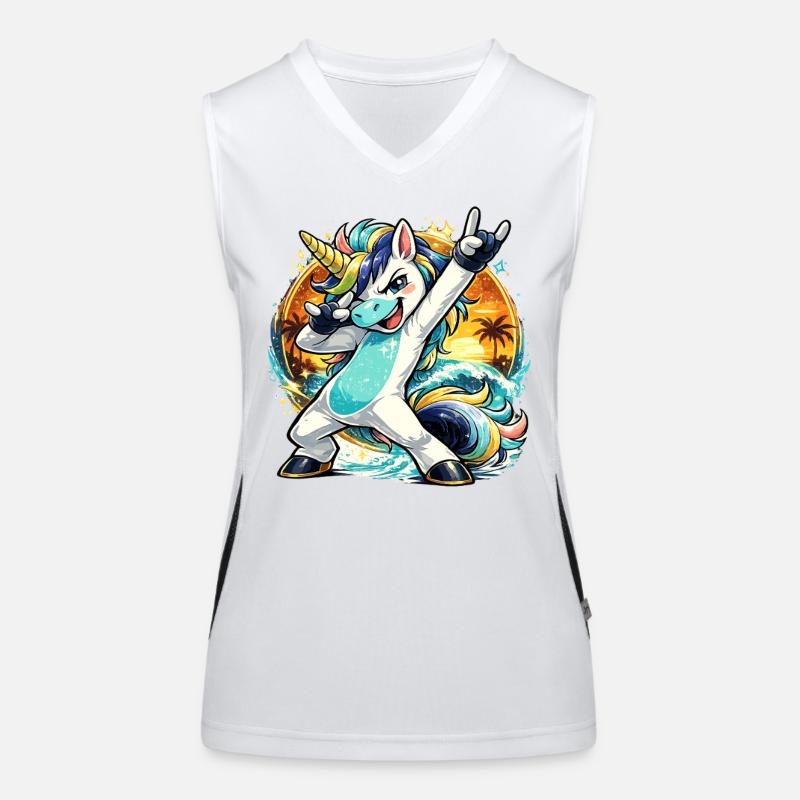 Sommer Einhorn im Dabbing Sunset Beach Stil Funktionelles Kontrast-Tank Top für Frauen