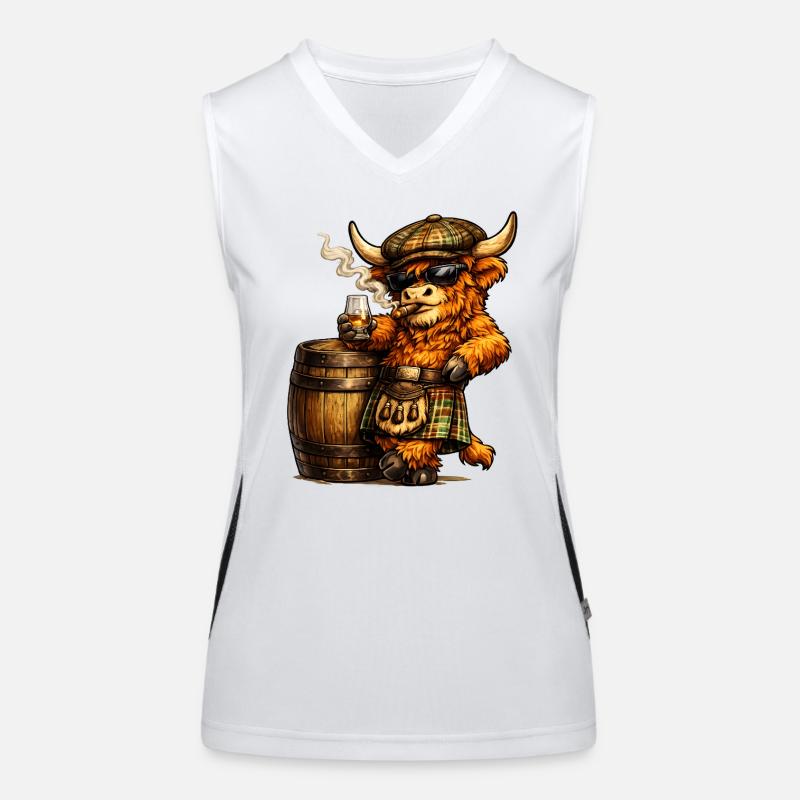 Highland Cattle mit Whiskyfass und Zigarre Funktionelles Kontrast-Tank Top für Frauen