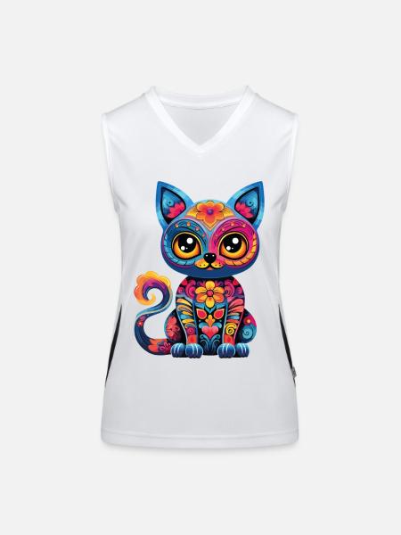 Dia De los Muertos Cat Meowtos Colorful Flowers - Women's Functional Contrast Tank Top - white/black - Front