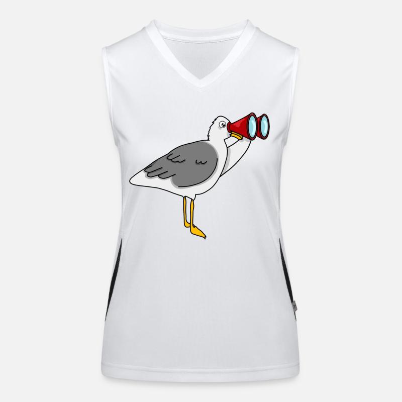 Möwe mit Fernglas schaut nach Fischbrötchen Funktionelles Kontrast-Tank Top für Frauen