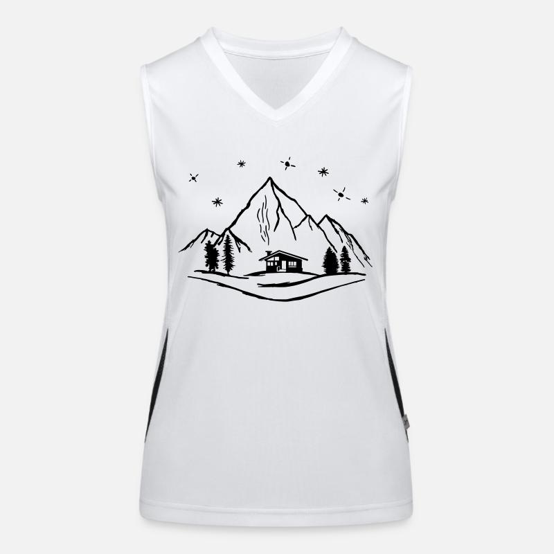 Mountains, hut and forest with starry sky Women's Functional Contrast Tank Top