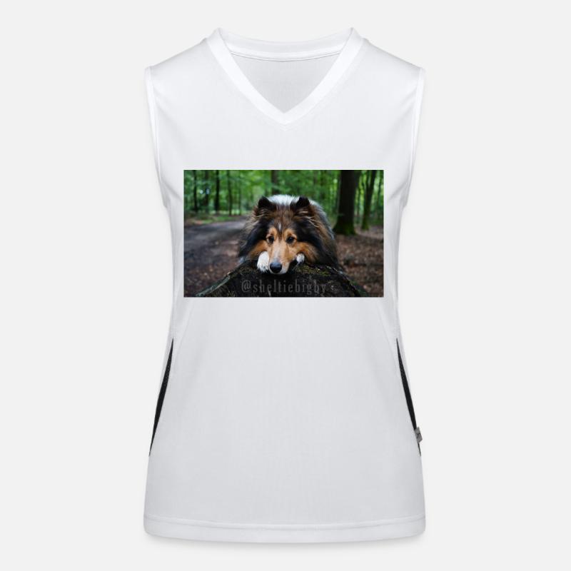Cute dog, cute sheltie on tree trunk Women's Functional Contrast Tank Top