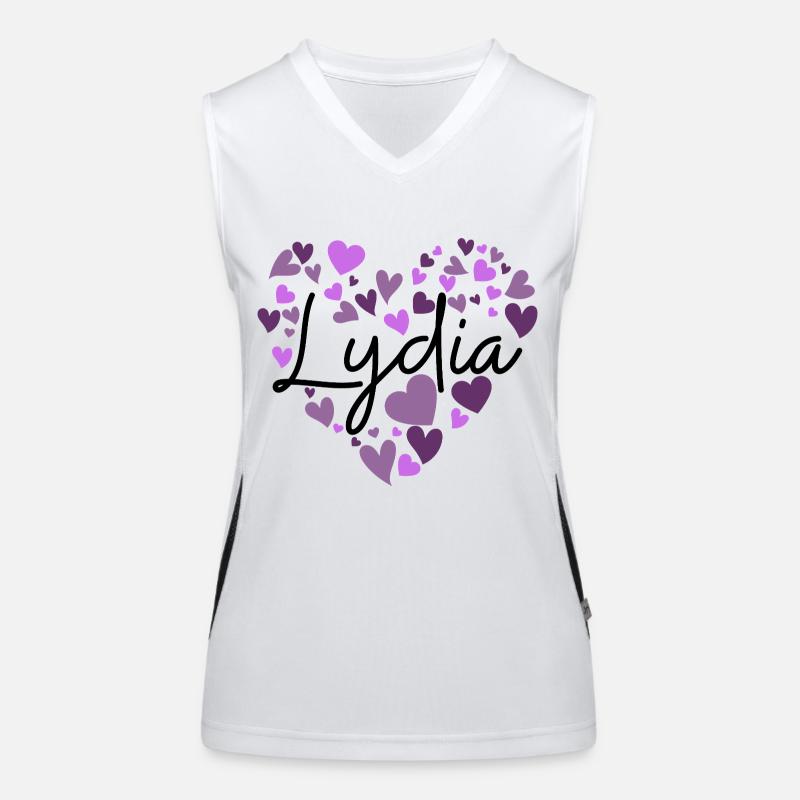 Conception du nom Lydia avec des cœurs violets en forme de cœur Débardeur respirant contrasté Femme