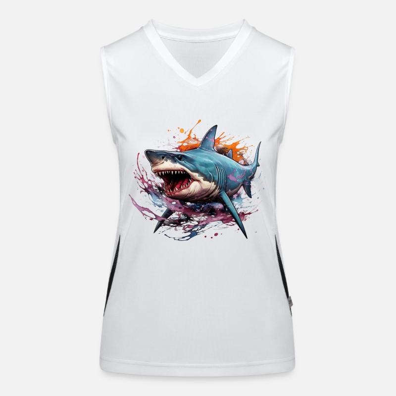Roi des profondeurs. Requin style graffiti. Débardeur respirant contrasté Femme