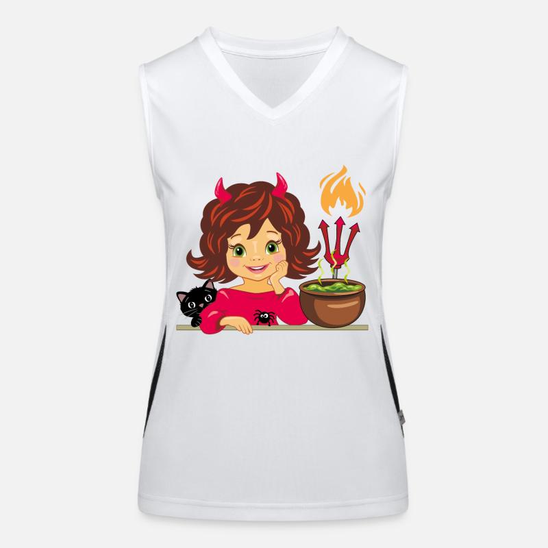 Cute smiling girl in Halloween devil costume Women's Functional Contrast Tank Top