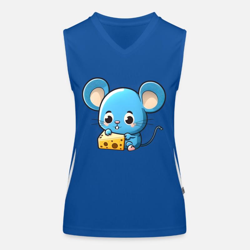 Kleine blaue comic Maus spielt mit Käse Funktionelles Kontrast-Tank Top für Frauen