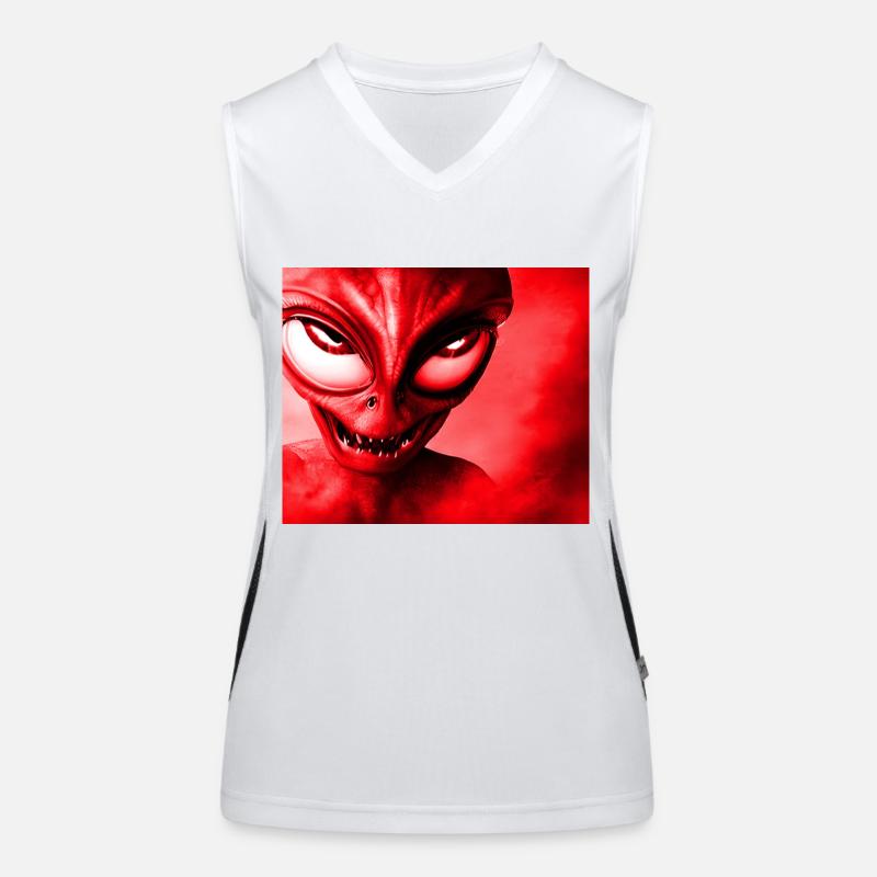 Alien with Sharp Teeth Design - Red Women's Functional Contrast Tank Top