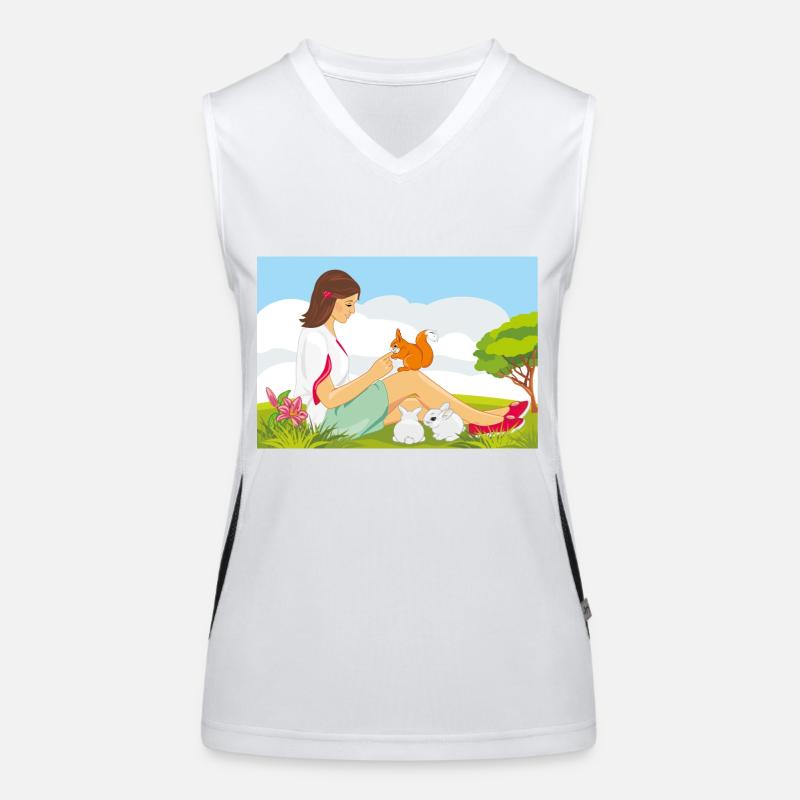 Süßes Mädchen, das mit Eichhörnchen und Kaninchen spielt Funktionelles Kontrast-Tank Top für Frauen