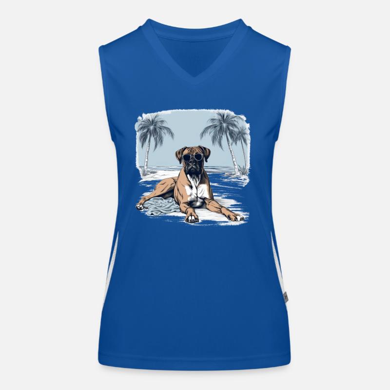Deutscher Boxer mit Sonnenbrille am Strand Funktionelles Kontrast-Tank Top für Frauen