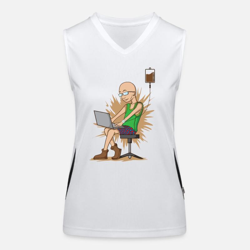 Kaffeetrinkender Nerd beim Hacken hängt am Kaffeet Funktionelles Kontrast-Tank Top für Frauen