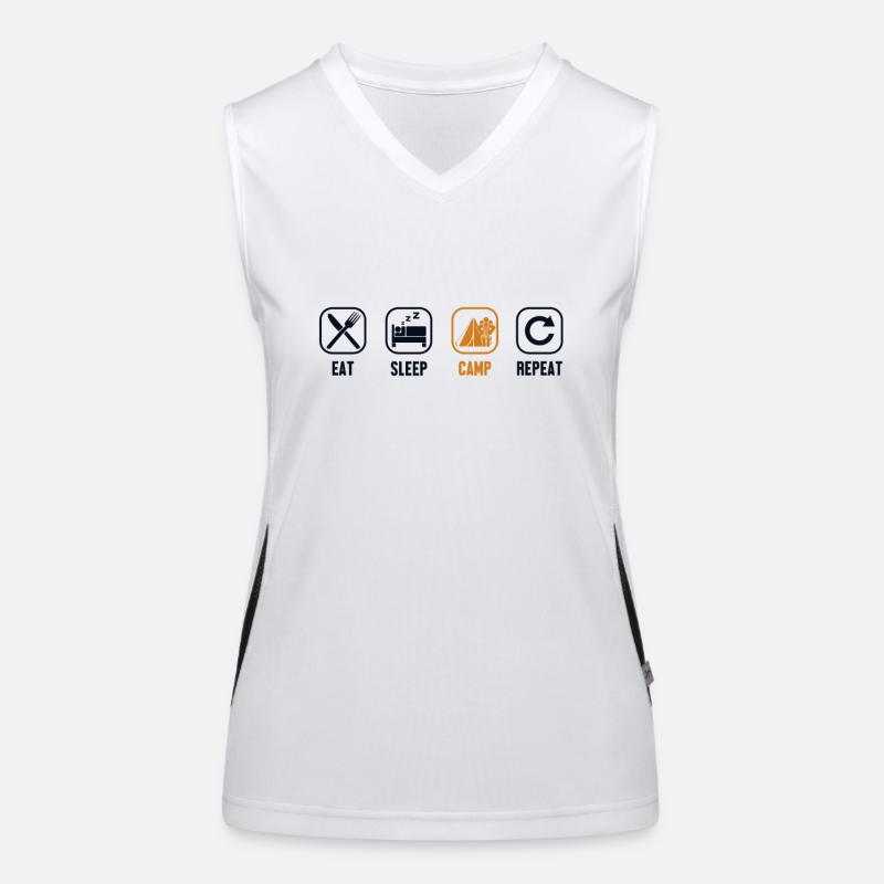 Eat Sleep Camp Repeat Campingplatz Zelten Funktionelles Kontrast-Tank Top für Frauen