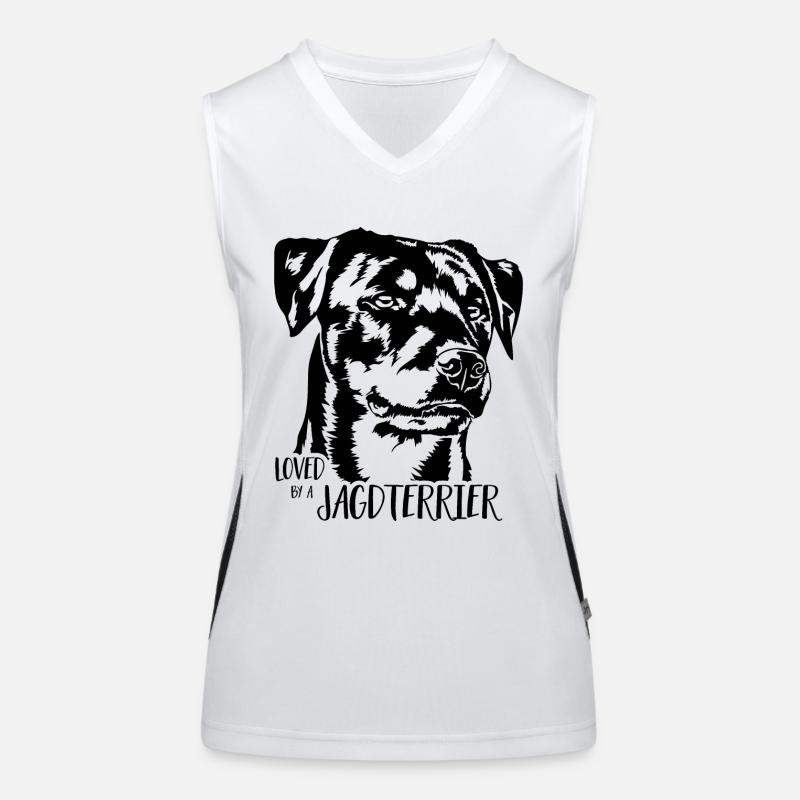 Loved by a Jagdterrier Hundespruch Hunde Wilsigns Funktionelles Kontrast-Tank Top für Frauen