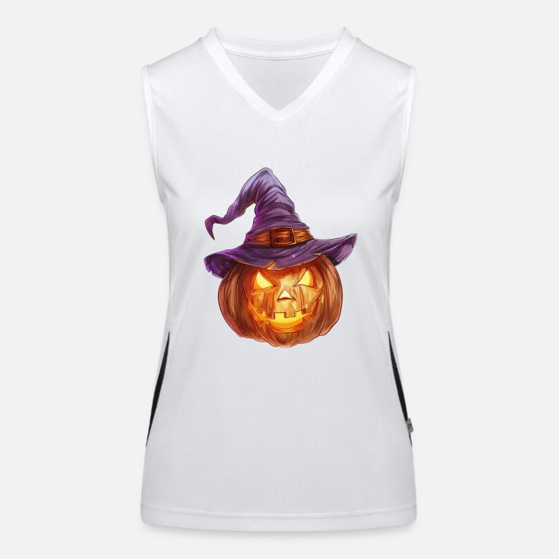 Eerie jack-o'-lantern with witch hat Women's Functional Contrast Tank Top