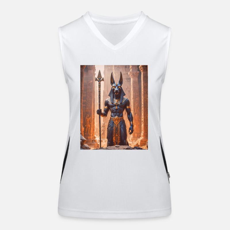 Anubis, schakalköpfiger Gott, steht in einem schemenhaften Funktionelles Kontrast-Tank Top für Frauen