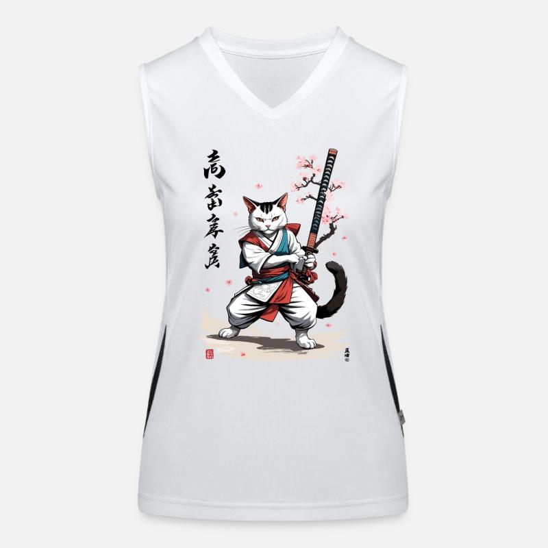 Samurai Katze mit Katana Kirschblüten Vintage Stil Funktionelles Kontrast-Tank Top für Frauen