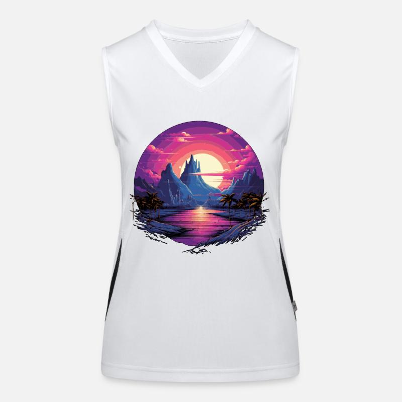 Synthwave Mountain Palm Crazy World des années 80 et couleurs Débardeur respirant contrasté Femme