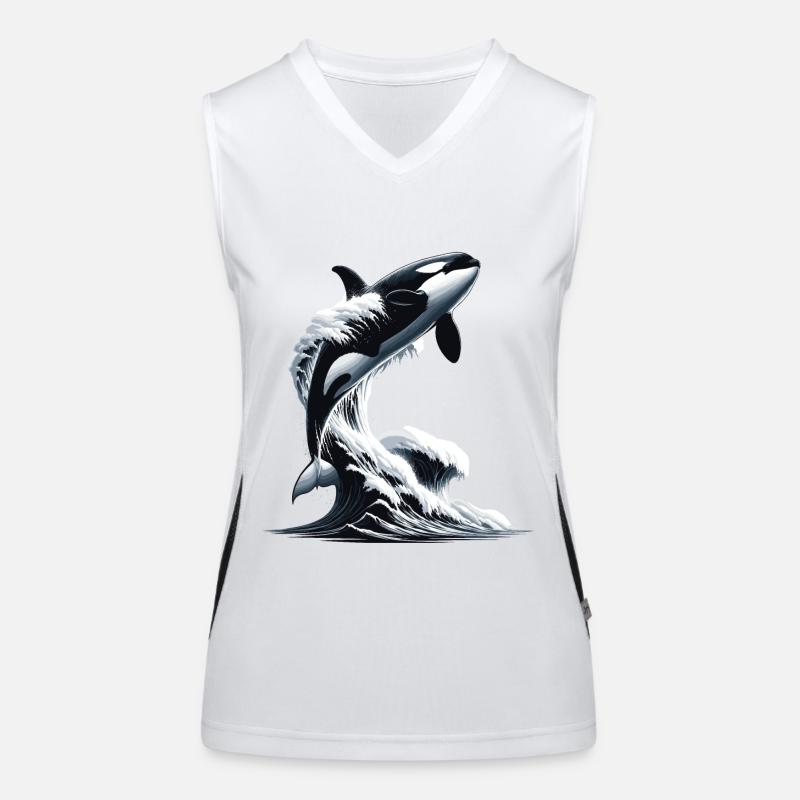 An orca jumping into a wave ocean Women's Functional Contrast Tank Top