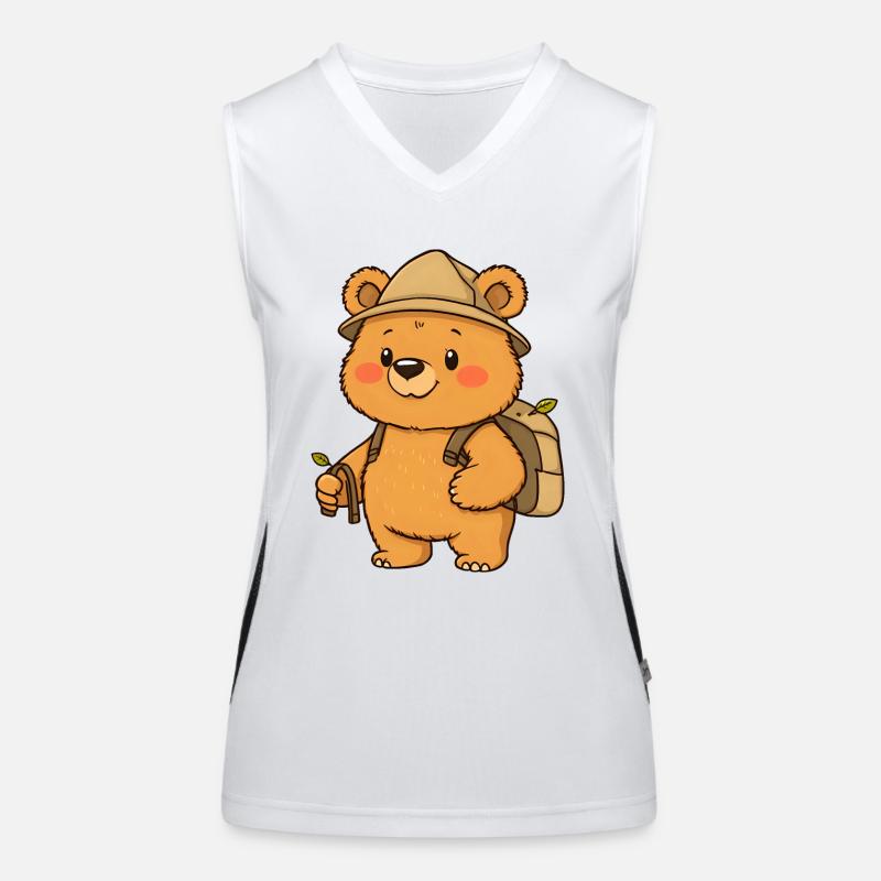 Abenteuerlustiger Teddybär Entdecker mit Rucksack Funktionelles Kontrast-Tank Top für Frauen