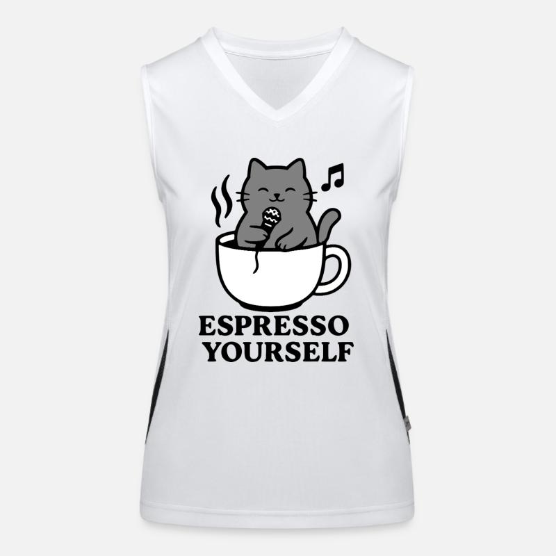 Gray cat, espresso cup, coffee, singing, express Women's Functional Contrast Tank Top