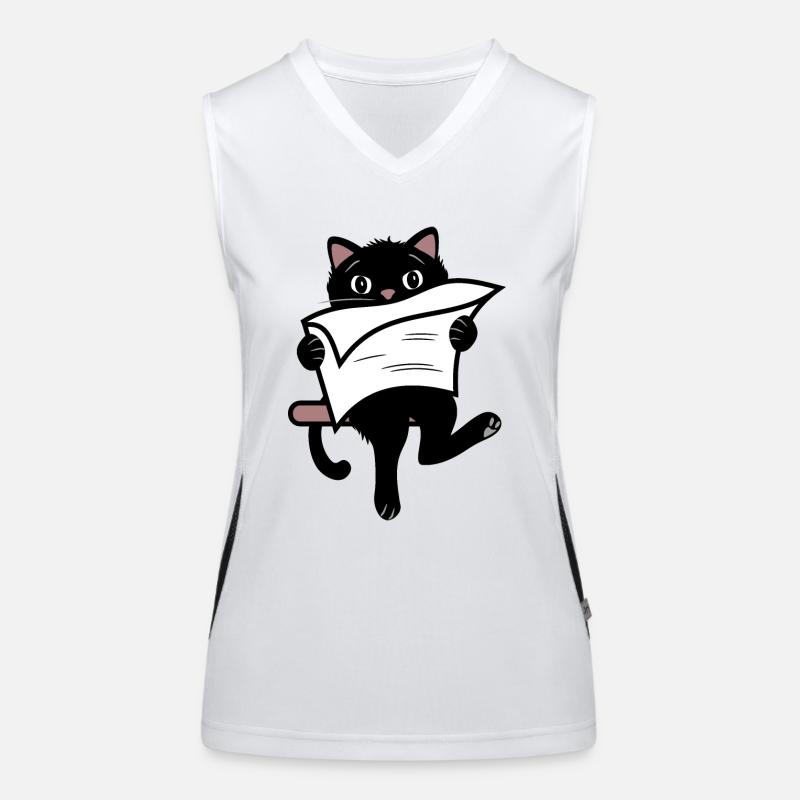Funny black cat reading newspaper Women's Functional Contrast Tank Top