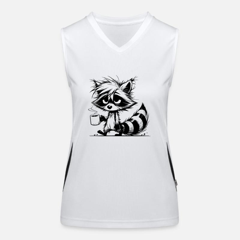 Müder Waschbär mit Kaffeetasse Bleistift Zeichnung Funktionelles Kontrast-Tank Top für Frauen