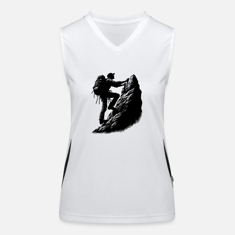 Mann beim Klettern am Berggipfel Felsen Funktionelles Kontrast-Tank Top für Frauen
